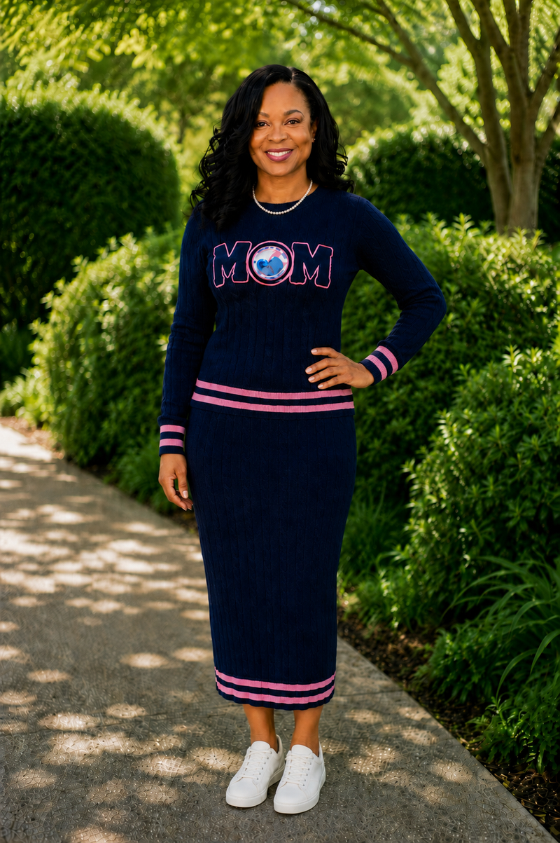 Navy Mom Cable Knit Top and Skirt Set