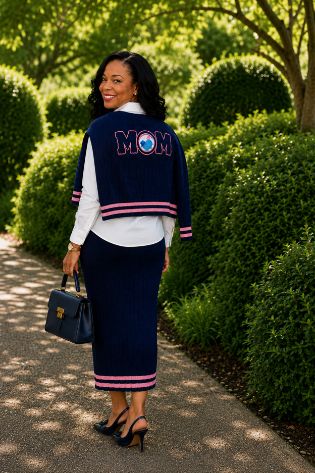 Navy Mom Cable Knit Top and Skirt Set